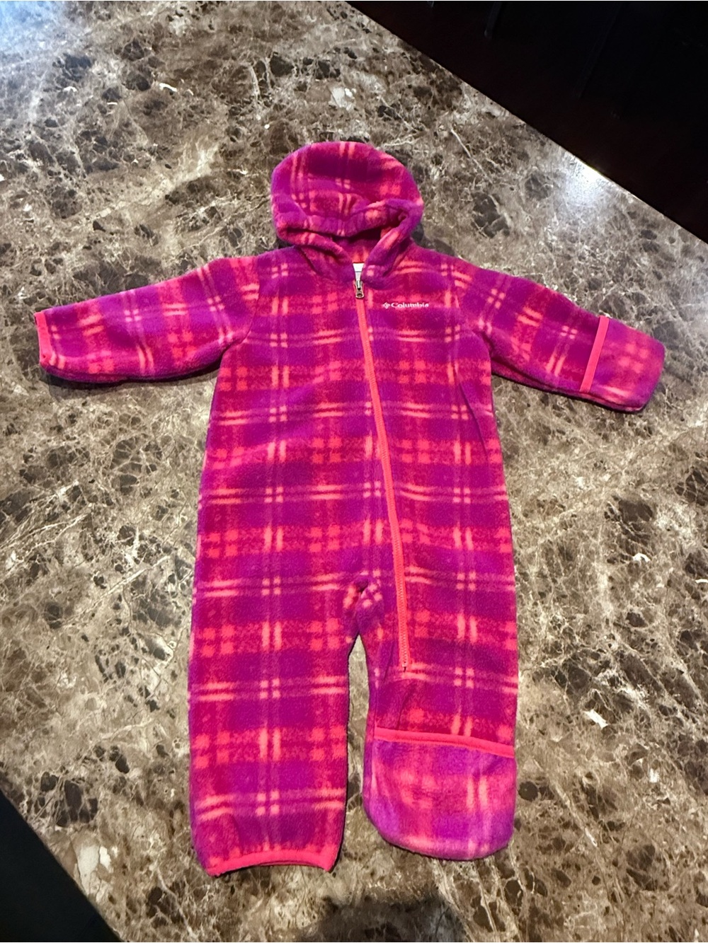 Columbia Girls' Pink and Magenta Plaid Fleece Hooded Bunting 6-12